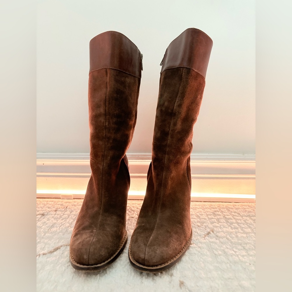 UGG Chocolate Brown Suede Leather Mid-Calf Heeled Boots Y2K Fall Boho Chic 8 - Picture 4 of 8